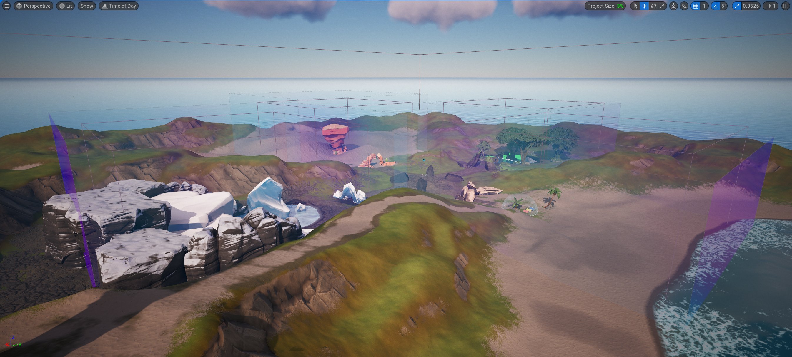 A view of all the Post Process Volumes on the island.