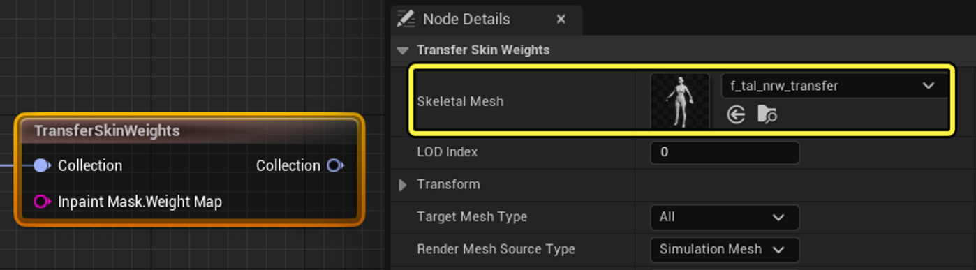 Add a TransferSkinWeights node and set the Skeletal Mesh