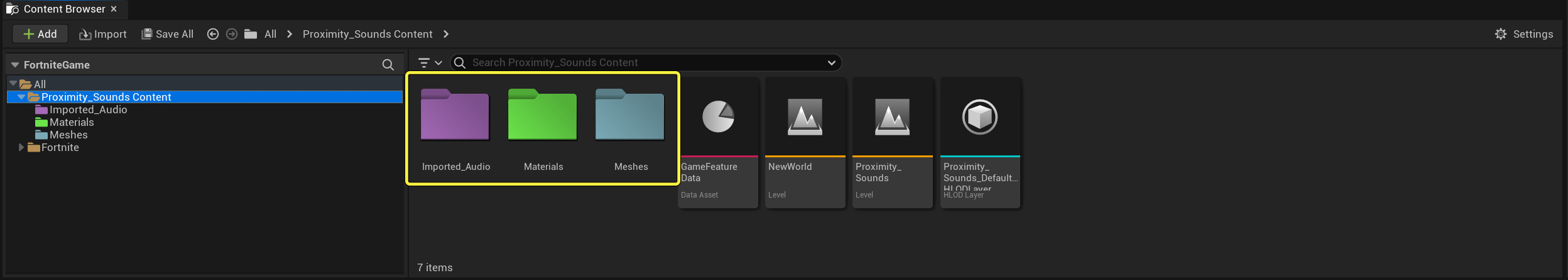 Create folders in the Content Browser.