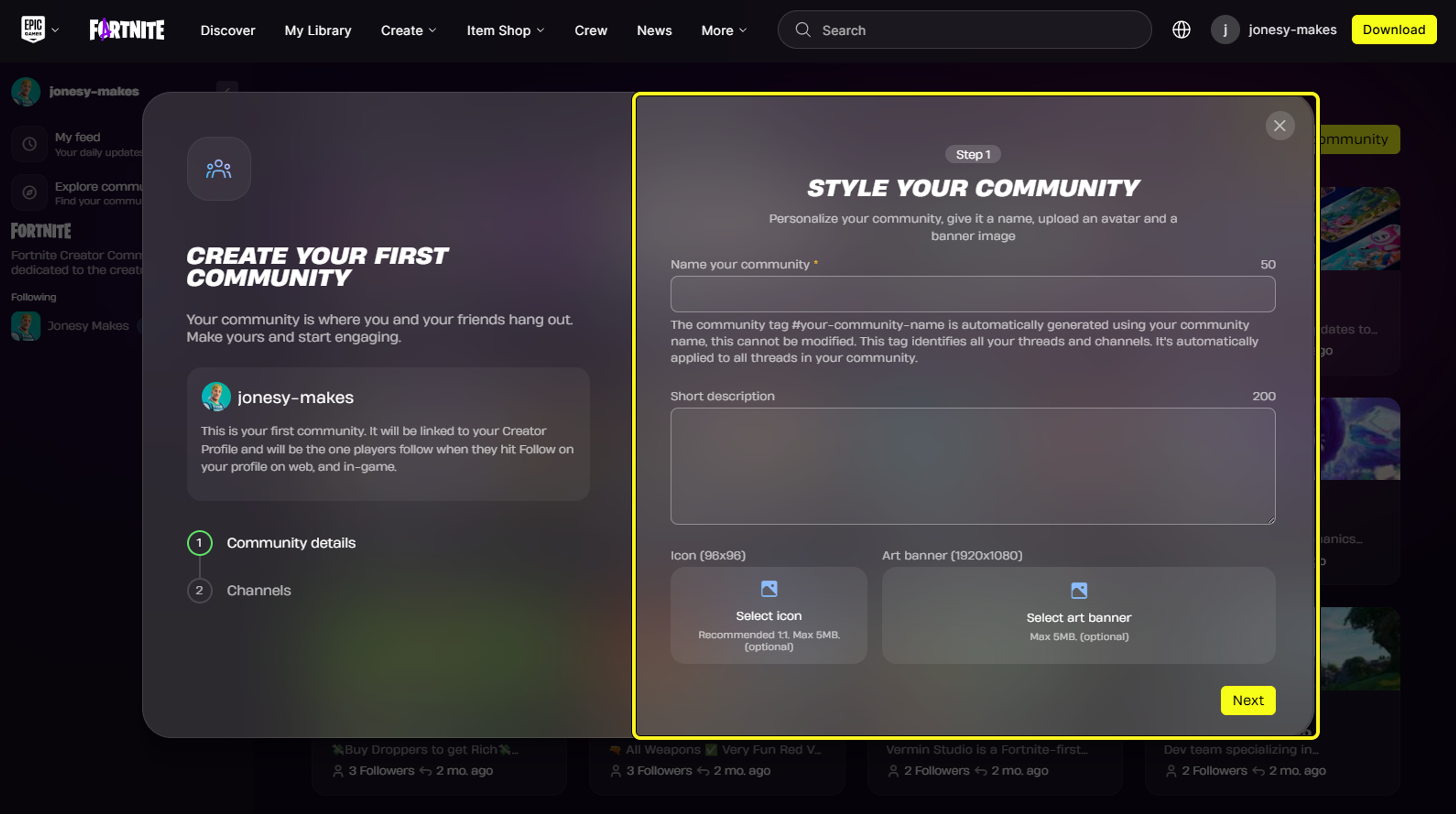 The Create community wizard