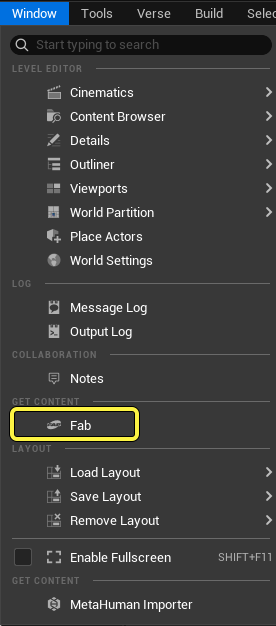 You can open Fab from the Window menu.
