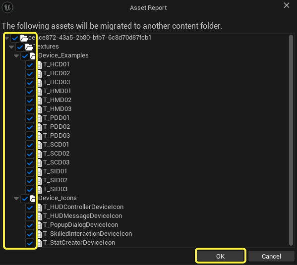Checkmark all the assets you wish to migrate into your own project.