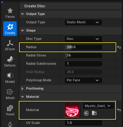 In the Create Disc tools, set the option Radius to 125 and Material to Mystic_Swirl_Mat_Inst.