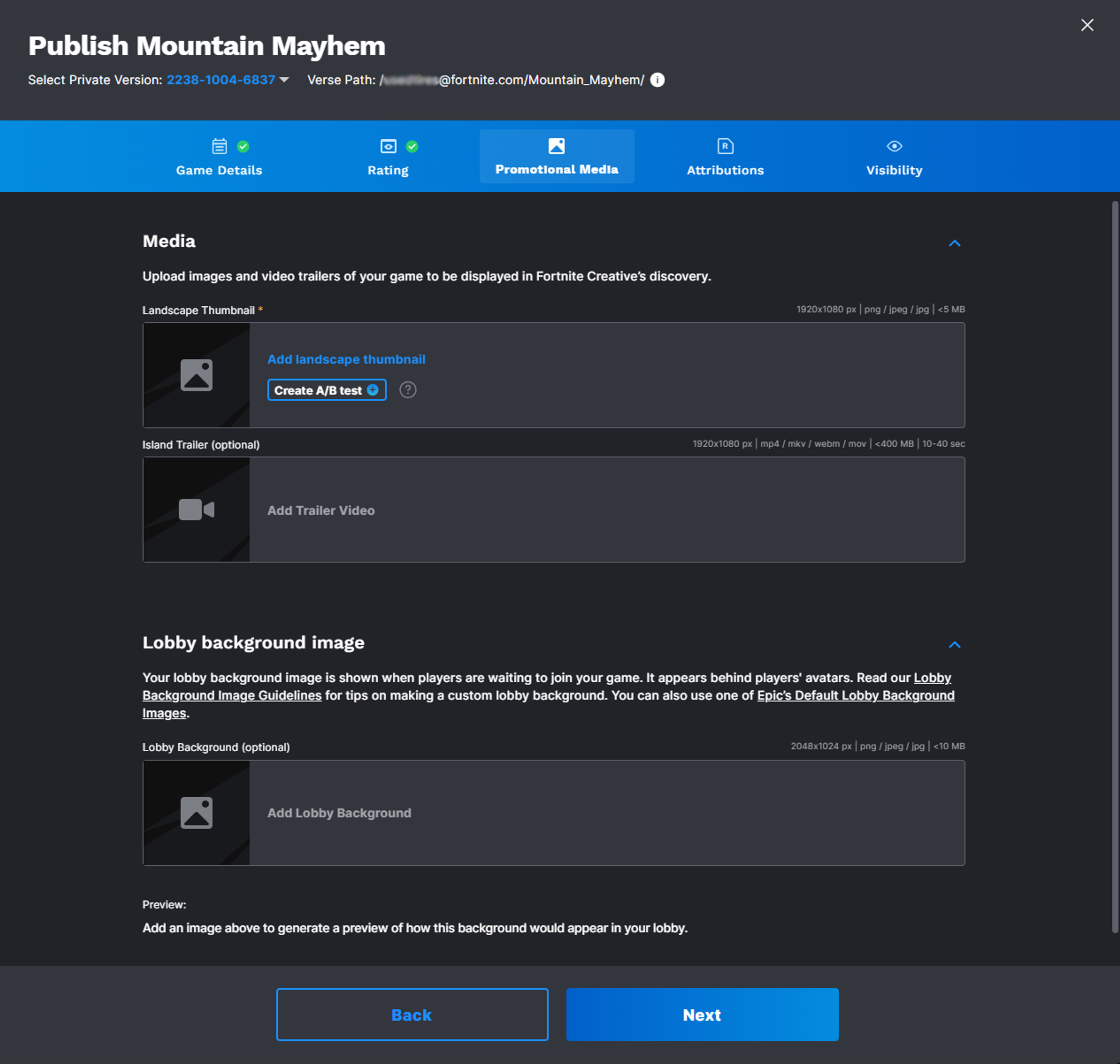 An example of the Promotional Media tab in the publishing workflow.