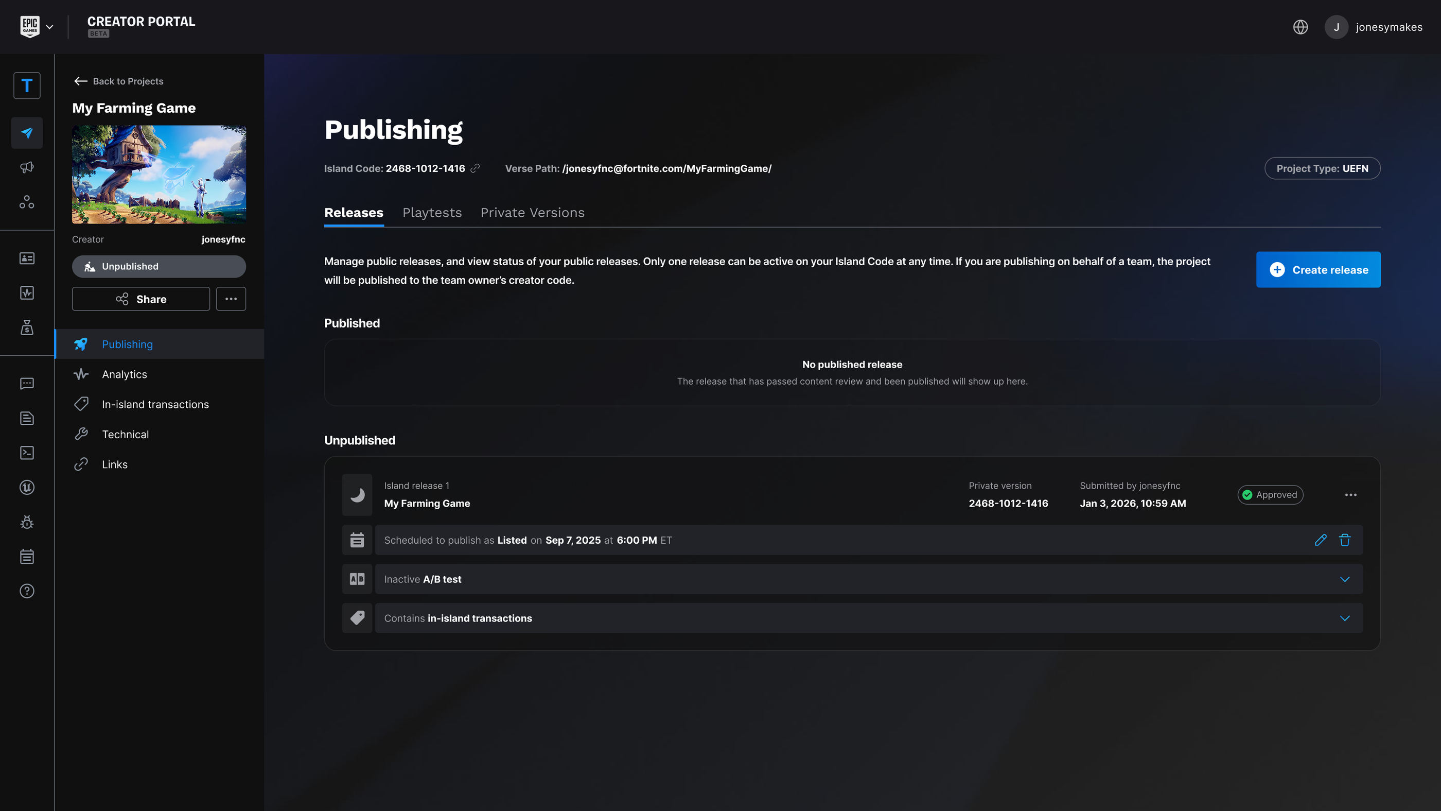 Selecting a project opens that project's Publishing page.