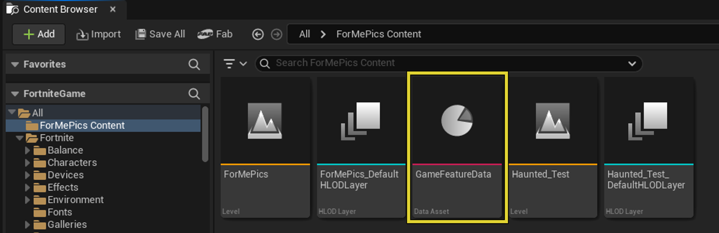 Double clicking on the Game Feature Data thumbnail opens the Game Feature Data options.