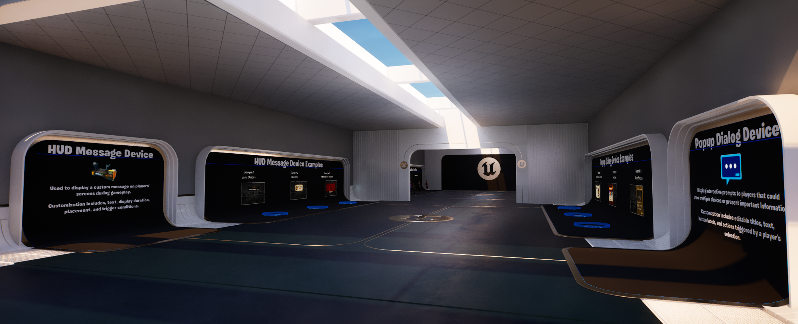 Room 1 focuses on the HUD Message device and the Pop-Up Dialog device.