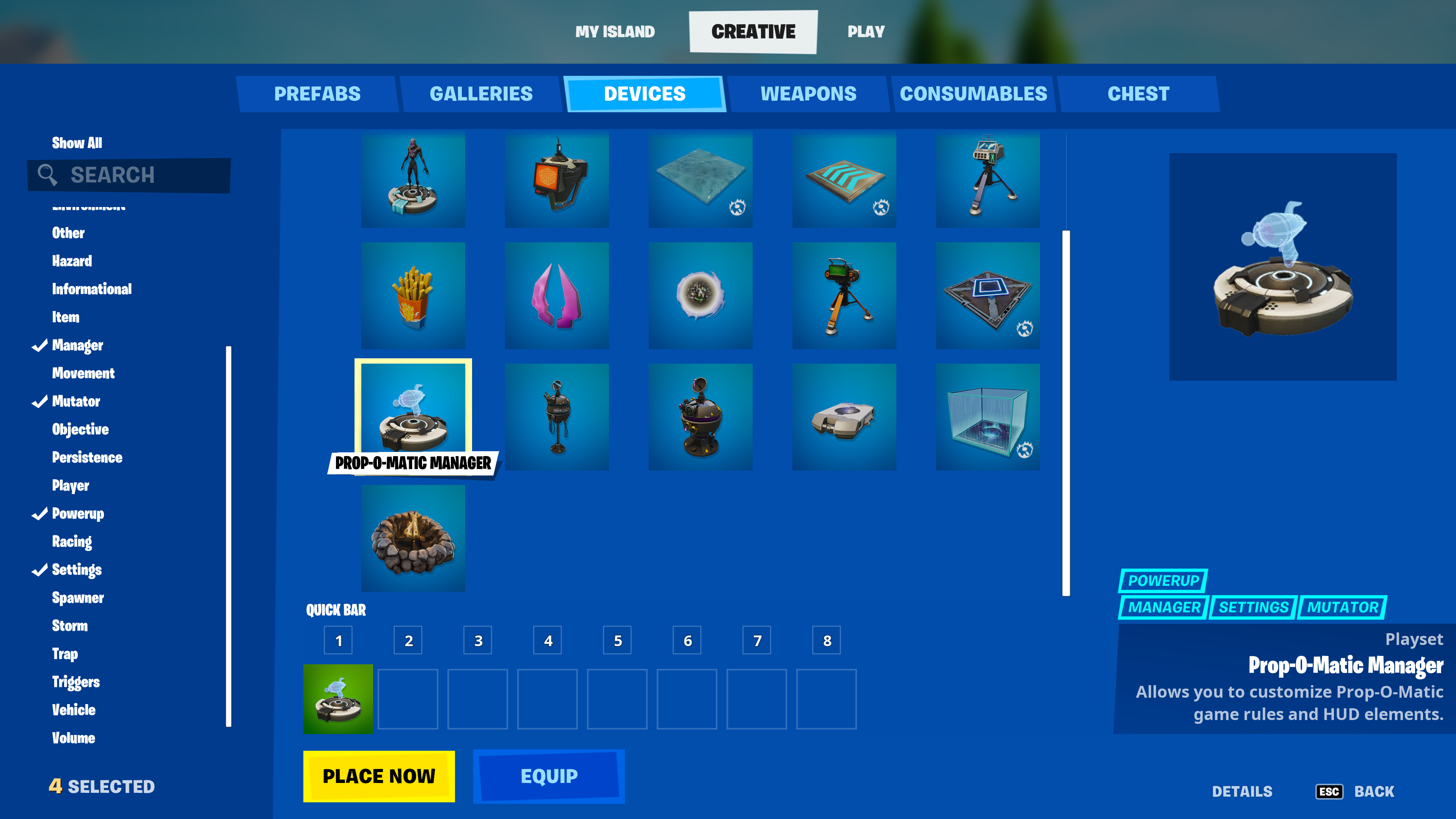 The Prop-O-Matic Manager device in the Creative Inventory