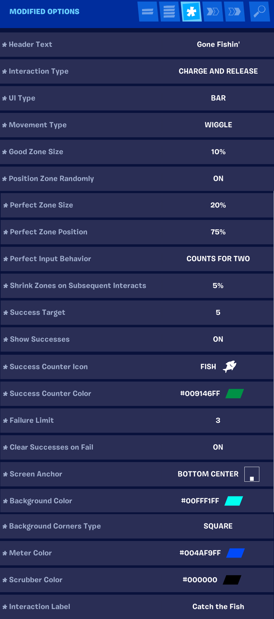 Image of customized settings for creating a fishing skill minigame with the Skilled Interaction Device.