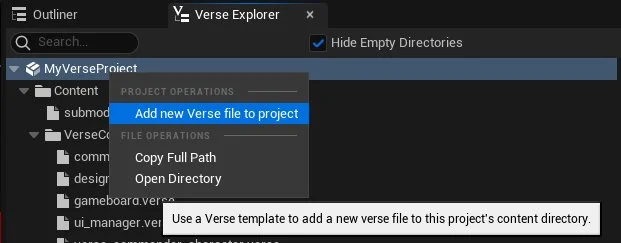 Create New File in Verse Explorer