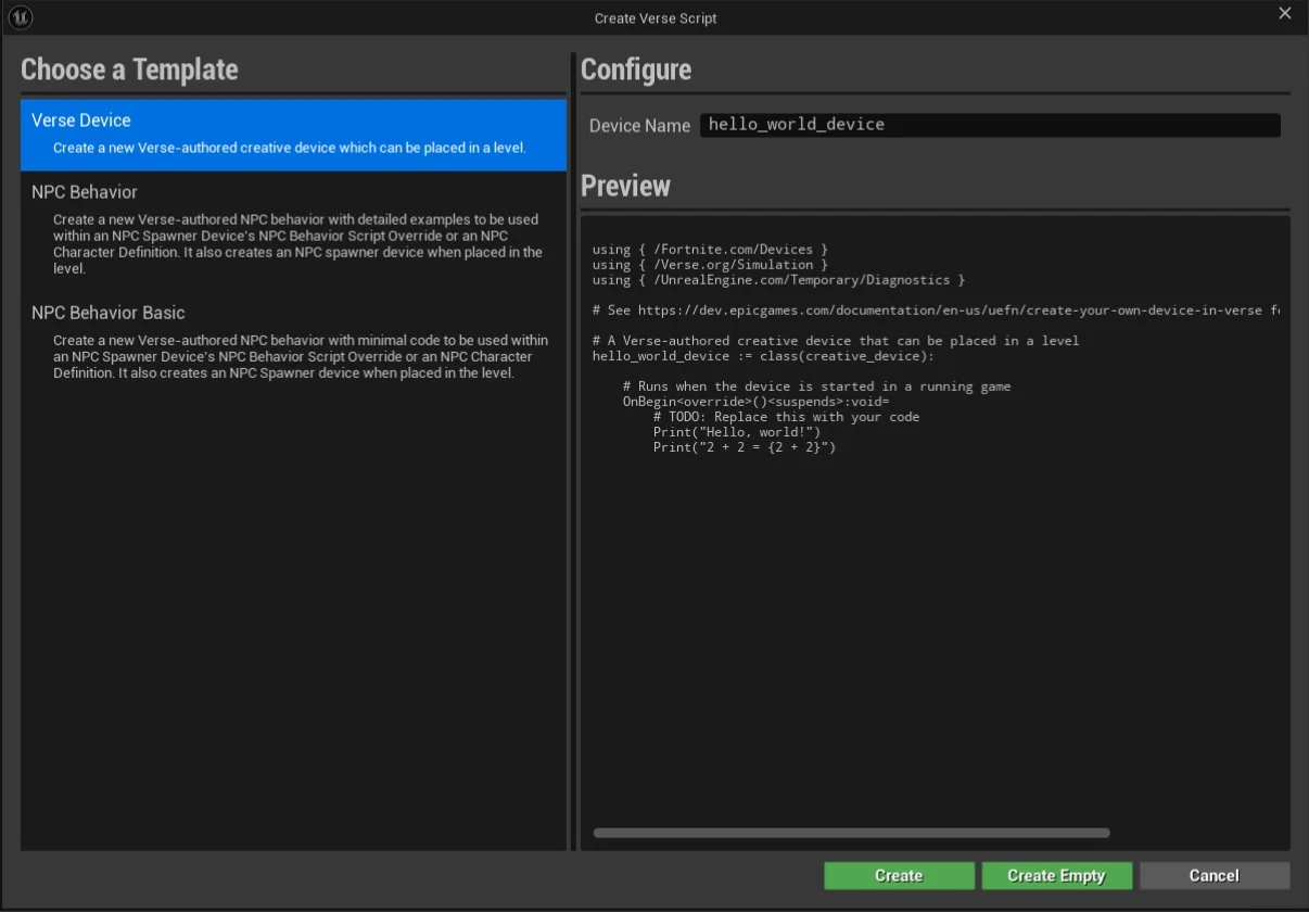Select Verse Device in Create Verse Script window