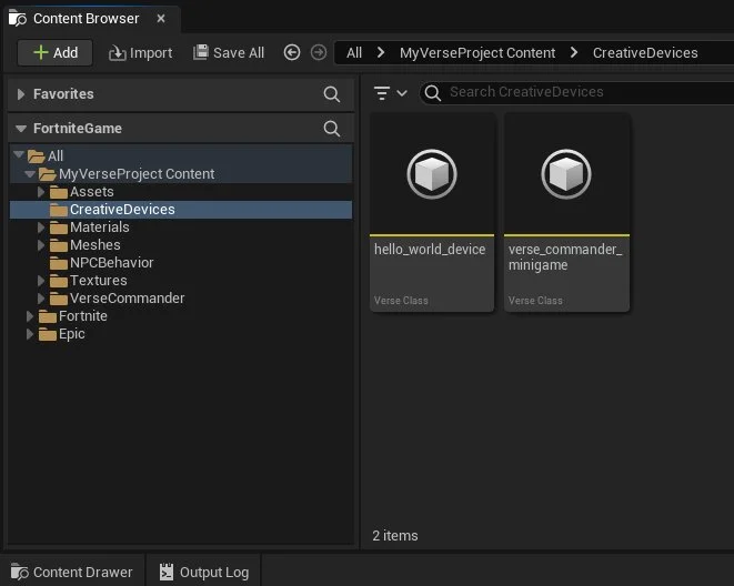 Navigate to the CreativeDevices folder in the Content Browser
