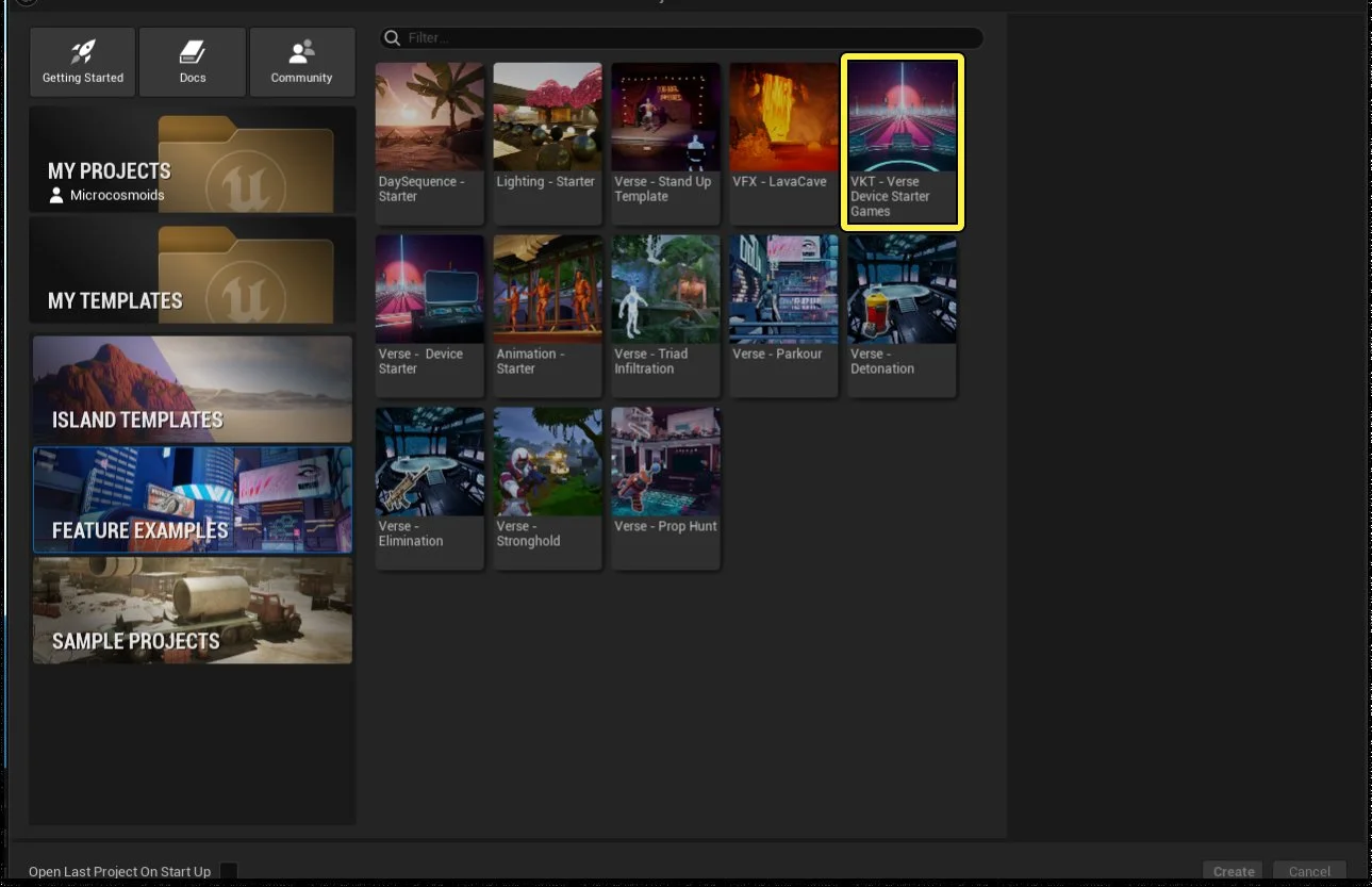 Select Verse - Device Starter Template in Unreal Editor for Fortnite
