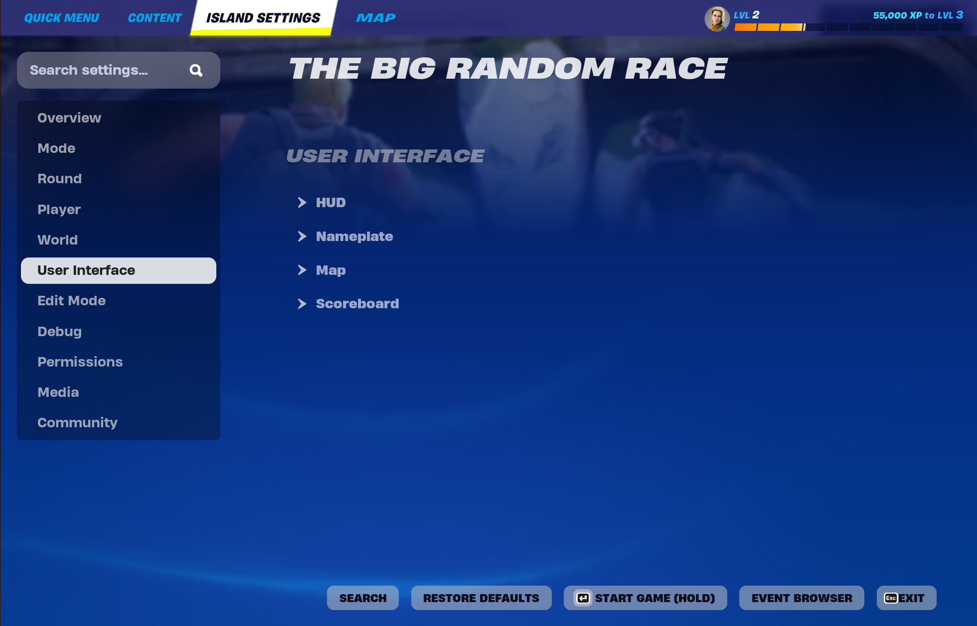 User Interface is a category under the Island Settings tab.