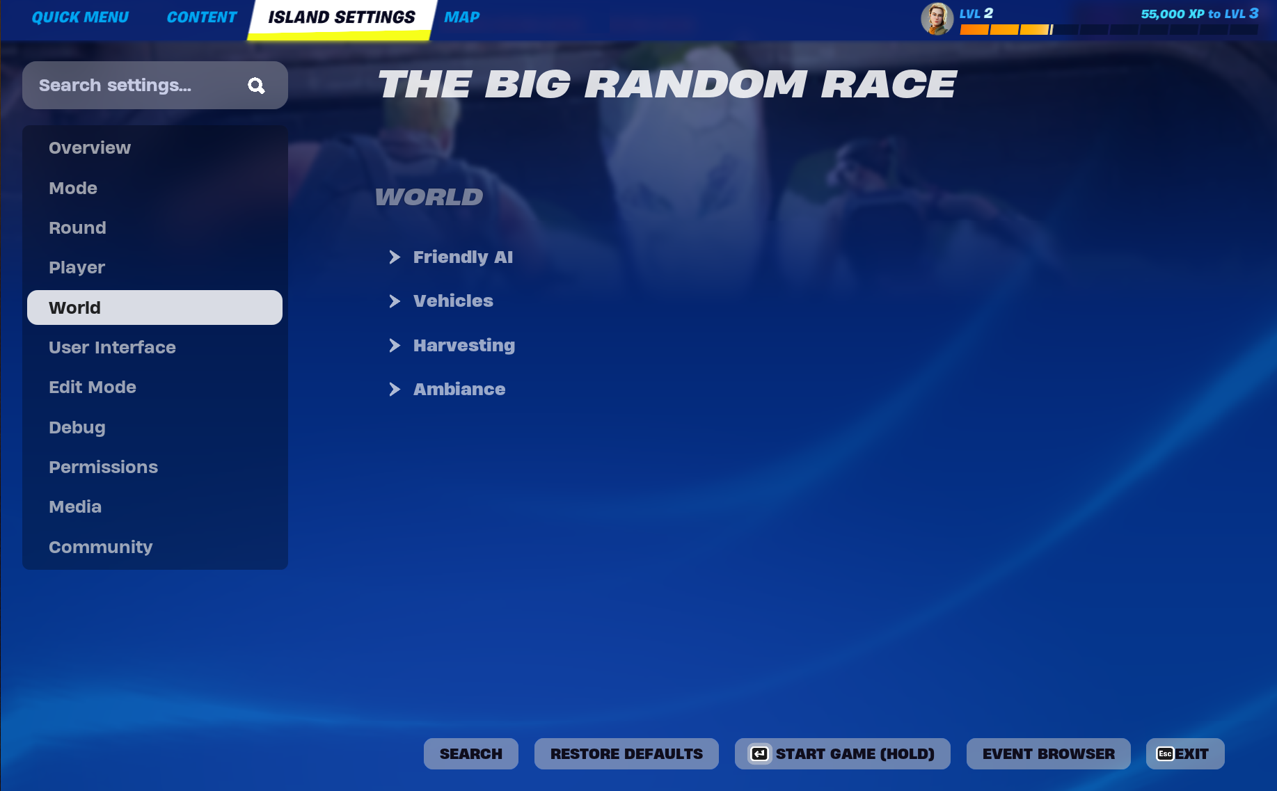 Find the World category under Island Settings.