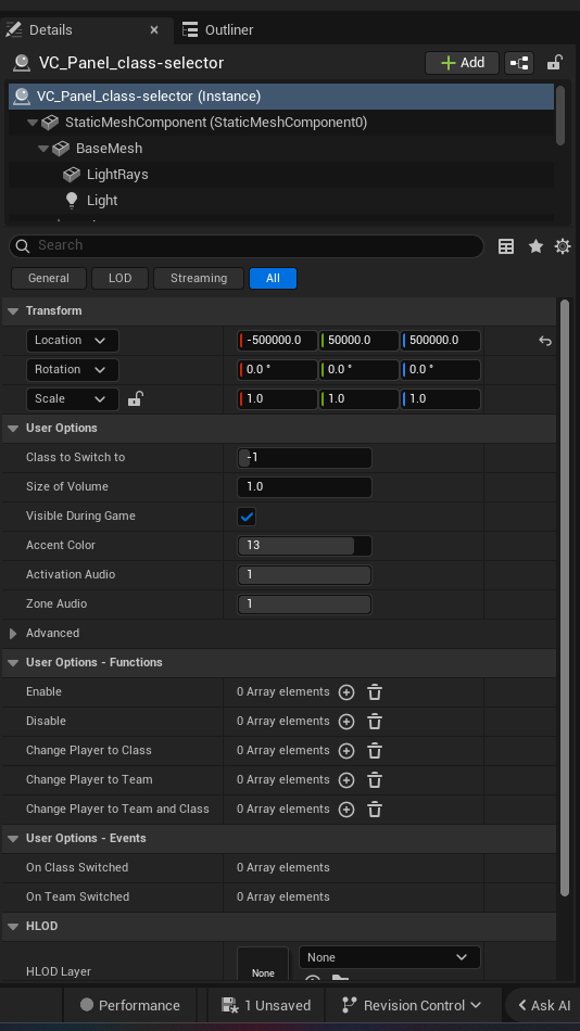 Class And Team Selector Device settings and options panel in the UEFN editor — Class to Switch to, Size of Volume, Visible During Game, Accent Color, Activation Audio, Zone Audio