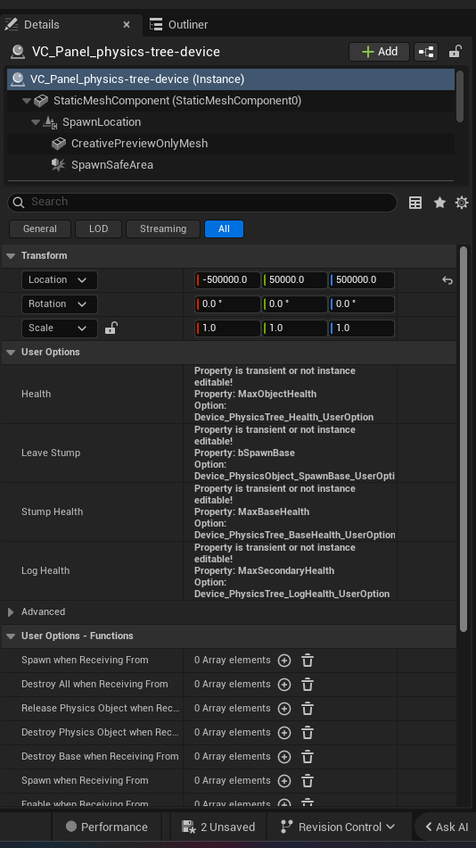 Physics Tree Device settings and options panel in the UEFN editor — Health, Leave Stump, Stump Health, Log Health