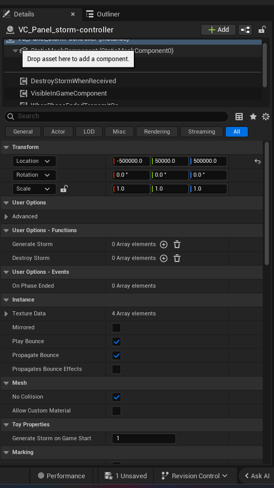 Storm Controller Device settings and options panel in the UEFN editor (view 2 of 3)