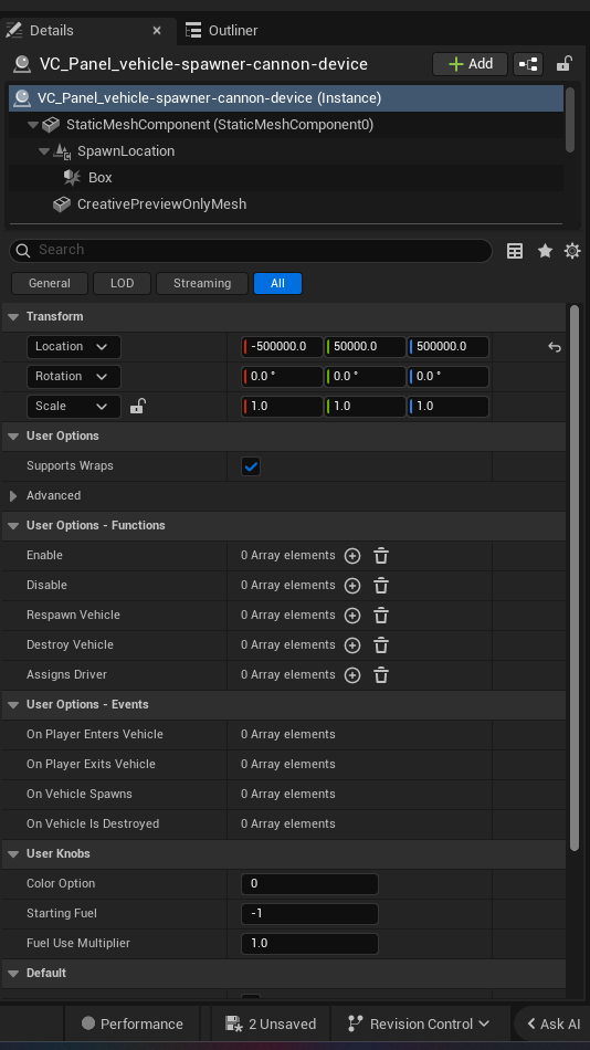Vehicle Spawner Cannon Device settings and options panel in the UEFN editor — Supports Wraps