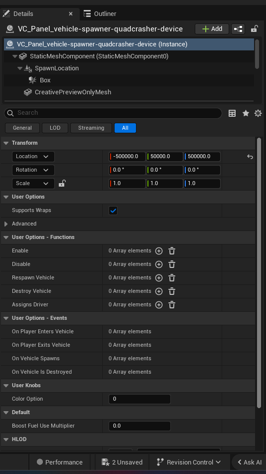 Vehicle Spawner Quadcrasher Device settings and options panel in the UEFN editor — Supports Wraps
