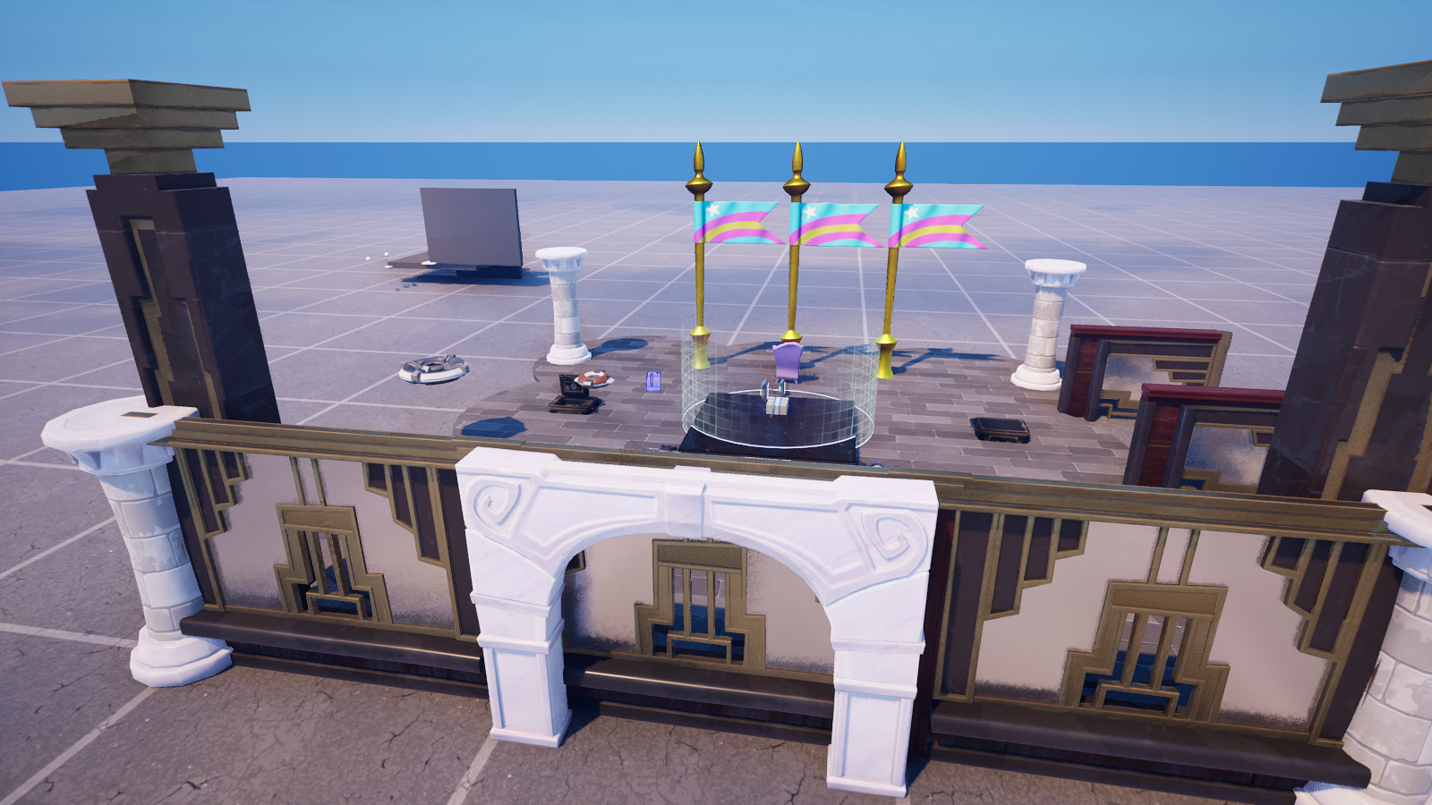 The bounce pad scene: a glowing launch pad on the castle terrace, Button wired and ready